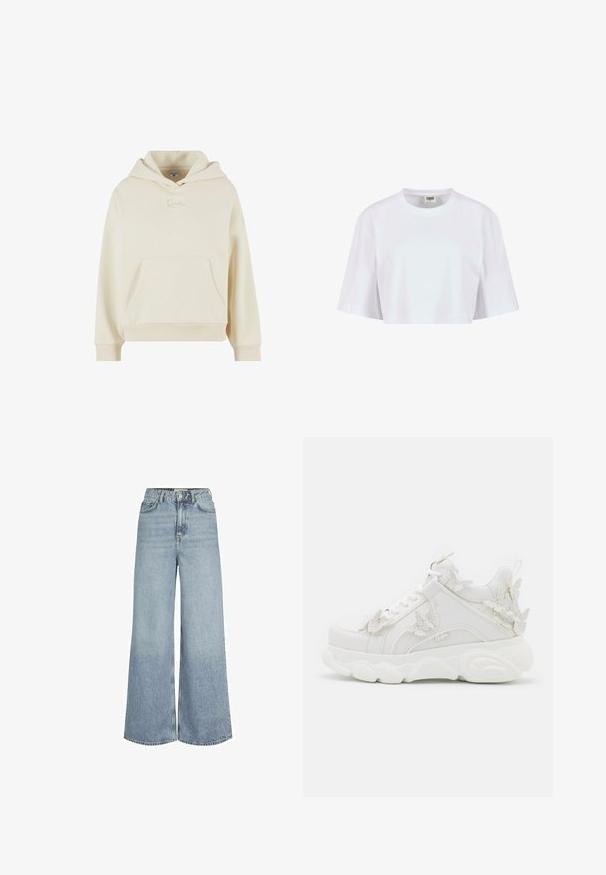 Crème hoodie gemaakt van zachte stof. Heeft een voorzak en een subtiel geborduurd logo. Relaxte pasvorm met ribbelboorden en -zoom.; Witte cropped t-shirt gemaakt van zachte katoen. Heeft een ronde halslijn en korte mouwen met een relaxte fit, zonder zichtbare patronen of hardware.; Hoge taille wijde jeans gemaakt van lichtblauwe denim. Kenmerkt zich door een klassiek vijf-pocket ontwerp met ton-sur-ton stiksels en een knoopsluiting.; Witte chunky sneaker met dikke zool en decoratieve 3D vlinderaccenten aan de zijkant, veters en hiel.