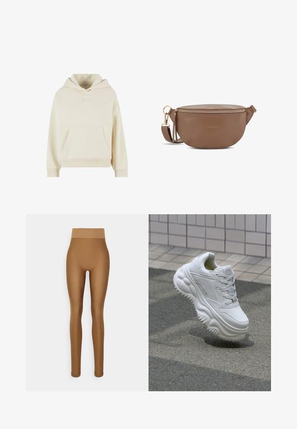 Crème hoodie gemaakt van zachte stof. Heeft een voorzak en een subtiel geborduurd logo. Relaxte pasvorm met ribbelboorden en -zoom.; Even&Odd active by Zalando Tights - brown; Witte leren sneaker met een zware zool, textuurdetails en vetersluiting. Beschikt over gevormde accenten en een gladde afwerking.; Bruine leren schoudertas met een rits aan de bovenkant, gouden hardware en een gladde afwerking. Bevat een gegraveerd logo en een verstelbare schouderband.