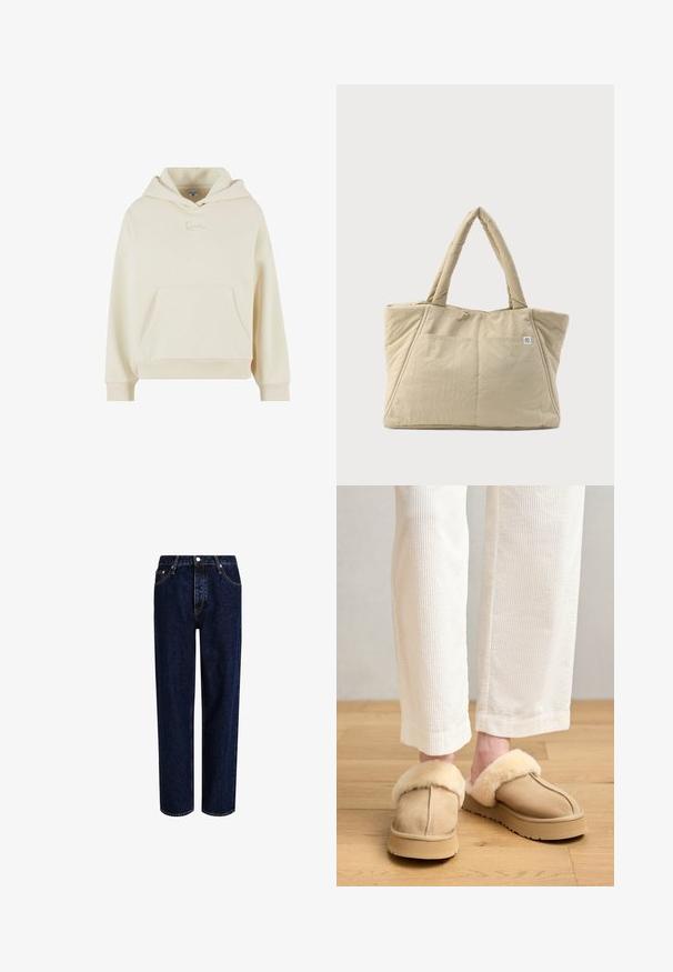 Crème hoodie gemaakt van zachte stof. Heeft een voorzak en een subtiel geborduurd logo. Relaxte pasvorm met ribbelboorden en -zoom.; Donkerblauwe denim jeans met een straight-leg ontwerp, voorzien van een hoge taille, vijf zakken en contrasterende stiksels. Geen versieringen.; Beige suède slippers met een zachte, crèmekleurige nepleervoering en een dikke zool. Draag ze met witte geribbelde corduroypanten, waardoor de huid boven de enkels zichtbaar is.; Beige gevoerde draagtas met lange handvatten en een voorvak met een klein rond logo op een wit label.