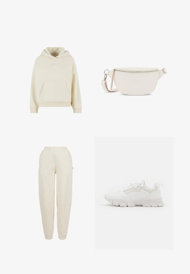 Crème hoodie gemaakt van zachte stof. Heeft een voorzak en een subtiel geborduurd logo. Relaxte pasvorm met ribbelboorden en -zoom.; Lichtbeige sweatpants met een elastische tailleband, geconcentreerde manchetten en een subtiele logo-accent aan de zijkant. Gemaakt van zachte, gestructureerde stof.; NA-KD CONTRAST SOLE TREKKING - Sneakers laag - white; Witte leren crossbodytas met een ronde vorm, bovenste ritsafsluiting en verstelbare schouderriem. Subtiele merkembleem geperst op de voorkant.