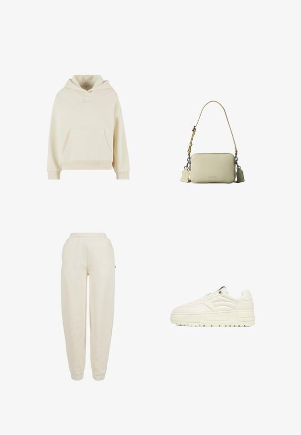Crème hoodie gemaakt van zachte stof. Heeft een voorzak en een subtiel geborduurd logo. Relaxte pasvorm met ribbelboorden en -zoom.; Lichtbeige sweatpants met een elastische tailleband, geconcentreerde manchetten en een subtiele logo-accent aan de zijkant. Gemaakt van zachte, gestructureerde stof.; Lage witte sneaker met dikke zool, veters aan de voorkant en gestikt zijontwerp, weergegeven vanaf de rechterkant tegen een effen achtergrond.; Crèmekleurige rechthoekige leren crossbodytas met verstelbare band en zilveren hardware, Calvin Klein-logo geperst op het midden van de voorkant.