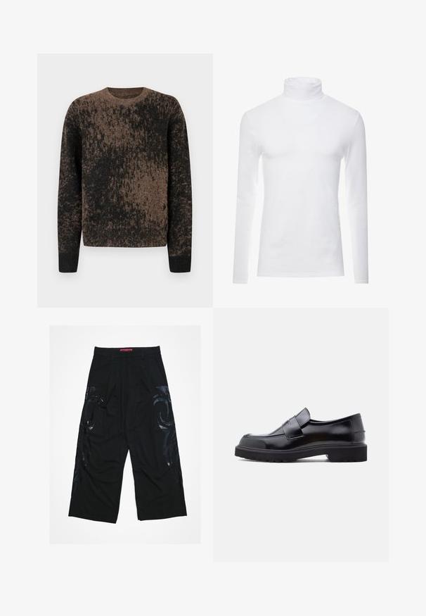 Pull à motifs marron et noir en matériau doux avec un col rond et des poignets côtelés. Texture duveteuse sur toute la surface, avec un design en dégradé.; Chemise à col roulé à manches longues blanche en tissu doux et extensible. Présente un col haut et une coupe ajustée, offrant une silhouette épurée.; Pantalon noir à jambes larges avec un devant plissé, présentant des motifs tribaux noirs brillants sur les côtés et une ceinture rouge de marque.; Chaussure noire en cuir à enfiler avec un design épuré, bout rond et semelle épaisse en caoutchouc texturé. Présente une sangle décorative à l'avant.
