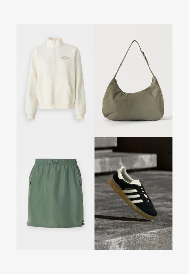 Hvid fleece sweatshirt med høj krave, halv lynlås, forlommer og grøn broderet tekst "New Balance Athletics." Blød tekstur.; Khaki grøn nederdel lavet af letvægtsstof, med elastisk talje, sidelommer og en lige pasform med en kantdetalje.; Sort Adidas München-sneaker med hvide striber og gummisål svævende over ribbet betontrappe.; Skuldertaske i blødt olivengrønt stof med lynlås og justerbar rem på ensfarvet, lyst baggrund.