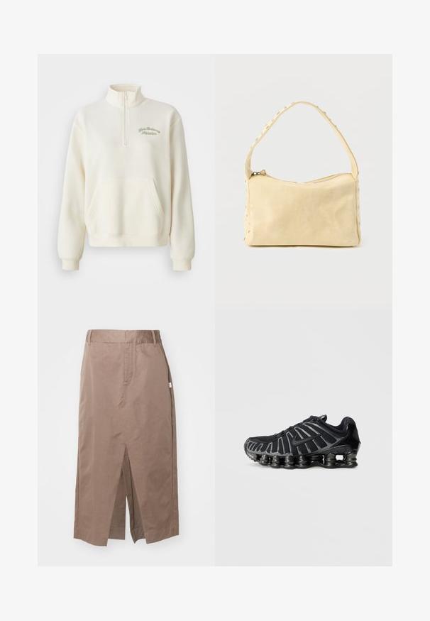 Weißer Fleece-Sweatshirt mit hohem Kragen, halbem Reißverschluss, Fronttasche und grüner, gestickter Aufschrift "New Balance Athletics." Sanfter Stoff.; Helles Baumwollrock in gerader Form, ausgestattet mit einem vorderen Schlitz, seitlichen Taschen und einem Standardbund. Glatte Textur und sorgfältig gearbeitete Nähte.; Schwarzer Sportschuh mit strukturiertem Mesh-Obermaterial und markanter, klobiger Sohle mit abgerundeten Segmenten. Schnürsenkel und verstärkter Fersenbereich für zusätzlichen Halt.; Kleine beige Ledertasche mit einem einzigen Riemen und silbernen Nieten entlang der Kanten und des Riemens, vor einem schlichten Hintergrund.