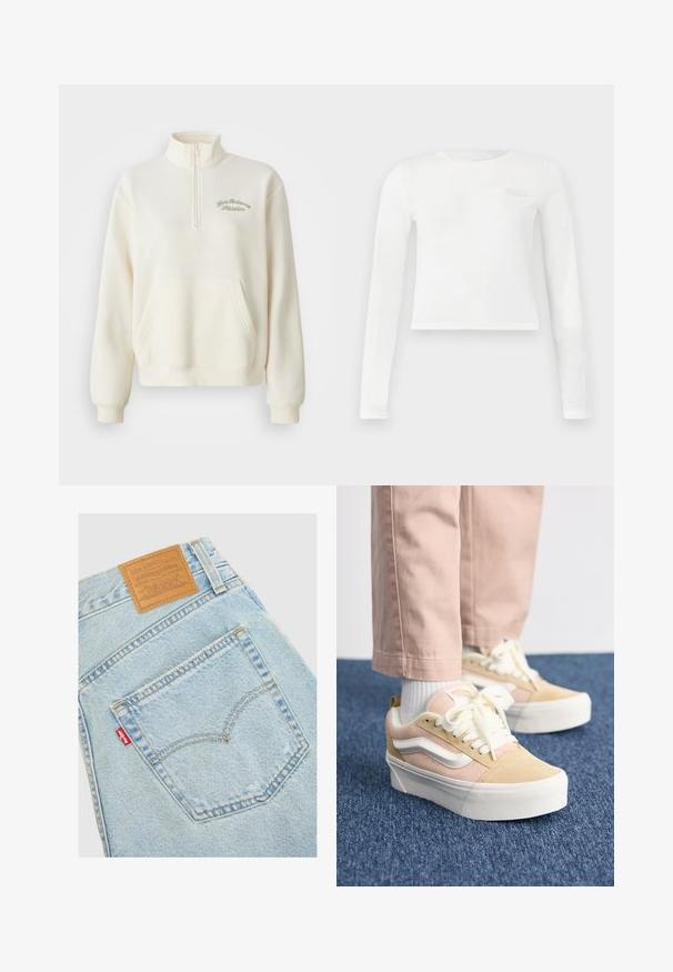 Hvid fleece sweatshirt med høj krave, halv lynlås, forlommer og grøn broderet tekst "New Balance Athletics." Blød tekstur.; Hvid langærmet cropped crewneck trøje med subtil prægning af logo på venstre bryst og tætsiddende ærmer.; Lyseblå denimjeans med baglomme og Levi's mærket læderlap samt rød tag på lommens søm.; Lyserøde og beige ruskinds sneakers med hvide detaljer og flade snørebånd, med en tykk hvid gummisål og synlige syninger.