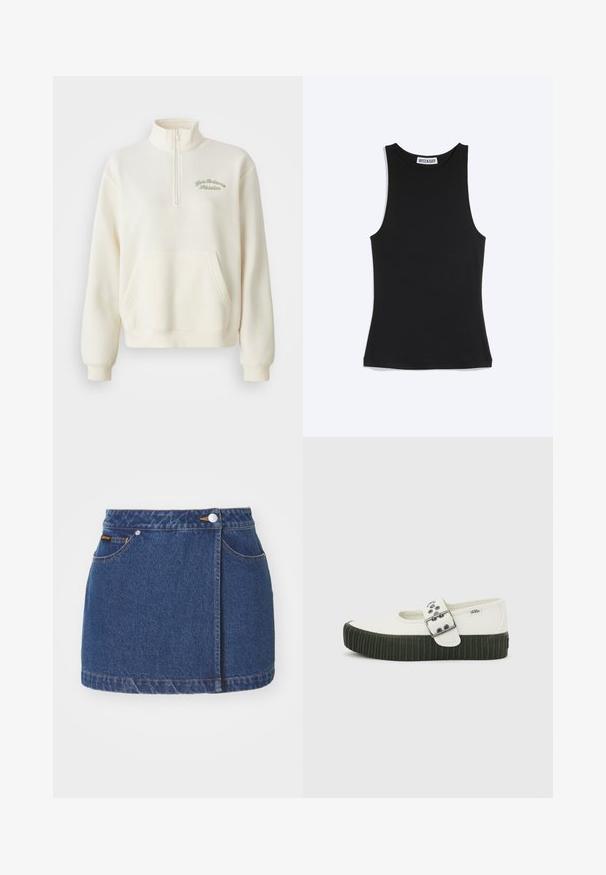 Hvid fleece sweatshirt med høj krave, halv lynlås, forlommer og grøn broderet tekst "New Balance Athletics." Blød tekstur.; Sort ærmeløs tætsiddende top med rund halsudskæring og Weekday-brandlabel bag på kraven, på hvid baggrund.; Denim mini nederdel, mørkeblå, med frontknaplukning, sidelommer og gule stikninger langs kanten og sømmene.; Hvid Vans Mary Jane-sko med tyk sort ribbet sål og stor sølvspænde på en ensfarvet grå baggrund.