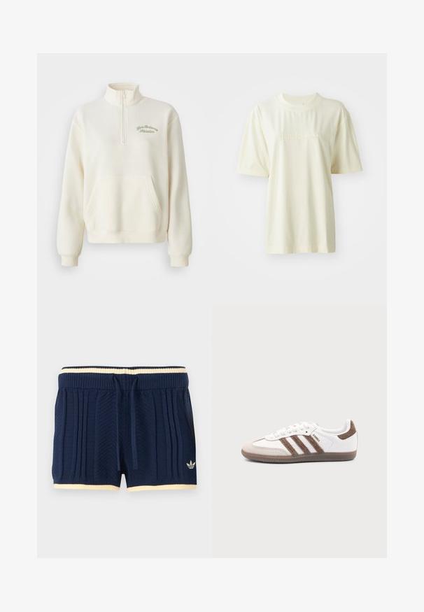 Weißer Fleece-Sweatshirt mit hohem Kragen, halbem Reißverschluss, Fronttasche und grüner, gestickter Aufschrift "New Balance Athletics." Sanfter Stoff.; Cremefarbendes Baumwoll-T-Shirt mit Rundhalsausschnitt, kurzen Ärmeln und eingeprägtem "adidas"-Logo auf der Brust. Glatte Textur und lockere Passform.; Marineblaue Strickshorts mit geripptem Muster, cremefarbener Einfassung am Bund und Saum, Kordelzug vorne und Adidas-Logo am linken Bein.; Weißer Adidas Samba Sneaker mit braunen Wildlederstreifen, brauner Gummisohle und beiger Wildlederkappe, von der Außenseite auf schlichtem Hintergrund gezeigt.