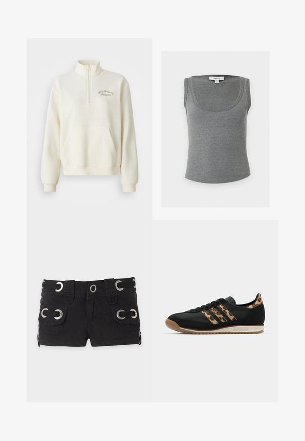 Weißer Fleece-Sweatshirt mit hohem Kragen, halbem Reißverschluss, Fronttasche und grüner, gestickter Aufschrift "New Balance Athletics." Sanfter Stoff.; Grau geripptes ärmelloses Tanktop mit Rundhalsausschnitt, mit einem kleinen weißen Topshop-Etikett am hinteren inneren Kragen.; Schwarze Shorts mit zwei vorderen Taschen, die mit silbernen Ösen und Gürtelschlaufen auf einem einfarbigen hellgrauen Hintergrund versehen sind.; Schwarzer Sport-Schuh mit einem Obermaterial in Leopardenmuster, drei charakteristischen Streifen und einer Gummisohle. Texturiertes Fersenstück und schnürbare Vorderseite.