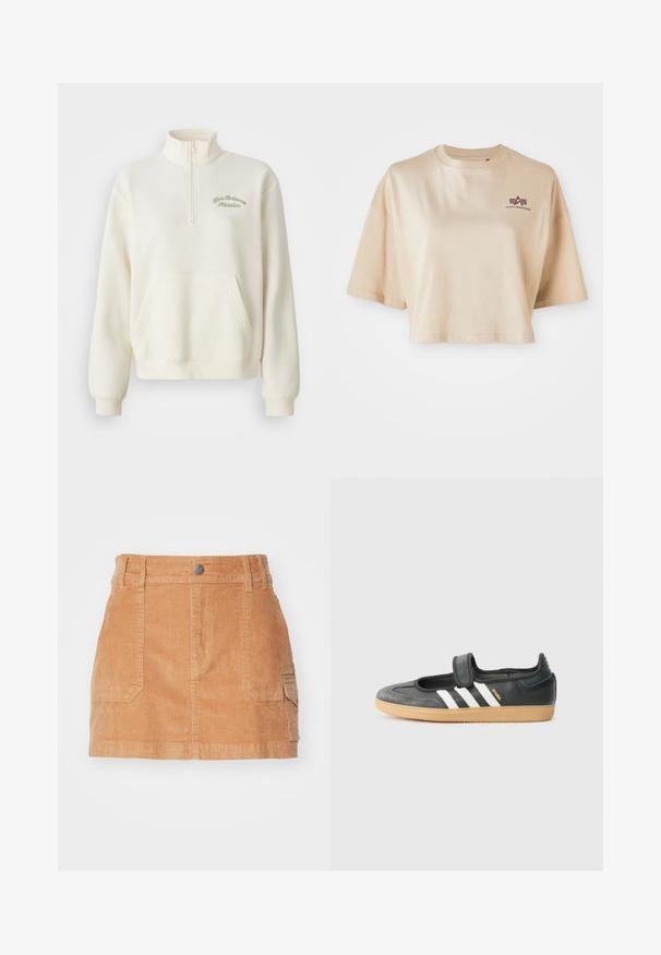 Hvid fleece sweatshirt med høj krave, halv lynlås, forlommer og grøn broderet tekst "New Balance Athletics." Blød tekstur.; Beige cropped t-shirt lavet af bomuld, med korte ærmer, en rund halsudskæring og et maroon logo grafik på venstre bryst.; Lysbrun corduroy mini-nederdel med høj talje, frontlommer og en glat overflade med lodrette ribber.; Sort læder- og ruskinds sneakers med en Velcro-rem, der har tre hvide striber og en gummisål, mærket "SAMBA" på siden.