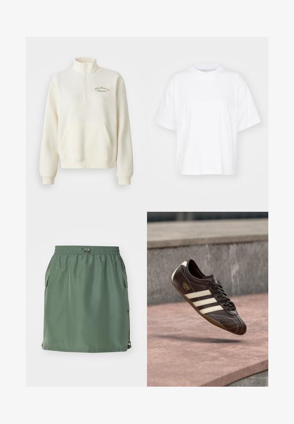 Hvid fleece sweatshirt med høj krave, halv lynlås, forlommer og grøn broderet tekst "New Balance Athletics." Blød tekstur.; Hvid bomulds t-shirt med rund hals, korte ærmer og en afslappet pasform. Har et diskret logo på venstre brystområde. Glat tekstur.; Khaki grøn nederdel lavet af letvægtsstof, med elastisk talje, sidelommer og en lige pasform med en kantdetalje.; Brun lædersneaker med hvide tre striber, tekstureret overflade, snørelukning og brun gummisål. Har prægede logo på siden.