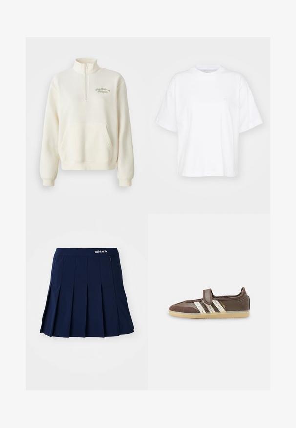 Hvid fleece sweatshirt med høj krave, halv lynlås, forlommer og grøn broderet tekst "New Balance Athletics." Blød tekstur.; Hvid bomulds t-shirt med rund hals, korte ærmer og en afslappet pasform. Har et diskret logo på venstre brystområde. Glat tekstur.; Marineblå plisseret nederdel lavet af letvægtsstof; har en elastisk talje og en lille lynlås-lomme, med et hvidt Adidas-logo på forsiden.; Brun sneaker med beige gummisål, tre hvide striber på siden og en enkelt velcrolukning over vristen.