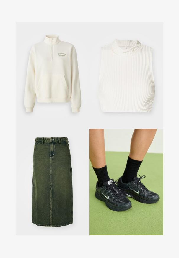 Hvid fleece sweatshirt med høj krave, halv lynlås, forlommer og grøn broderet tekst "New Balance Athletics." Blød tekstur.; Hvid ribbet ærmeløs cropped top med høj hals og subtil knapdetalje ved kraven, lavet af et glat, strækbart stof.; Grøn denimnederdel med mellemlangt snit, frontslids, knaplukning og bæltestropper. Dens struktur er let falmet, med sidelommer.; Sorte Nike sneakers med mesh og syntetiske overlejringer, der har refleksiv accents, en polstret sål og sorte ribbede sokker.