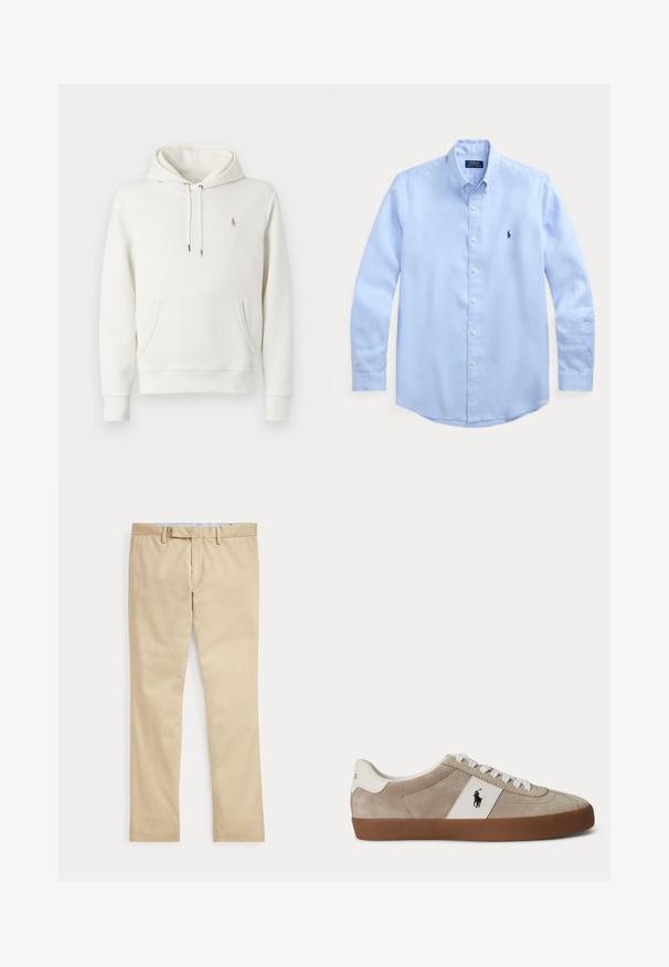 Sudadera blanca de algodón con un bolsillo tipo canguro, capucha ajustable con cordón, puños acanalados y un pequeño logo bordado en el pecho.; Camisa de botón azul claro hecha de algodón, con un cuello clásico, mangas largas y un pequeño logo azul marino en el lado izquierdo del pecho.; Pantalones beige de corte recto con trabillas para cinturón y cremallera frontal, colocados planos sobre un fondo blanco.; Zapatilla beige de ante con corte bajo, cordones blancos, detalle de piel blanca con logo de caballo negro y suela de goma marrón.