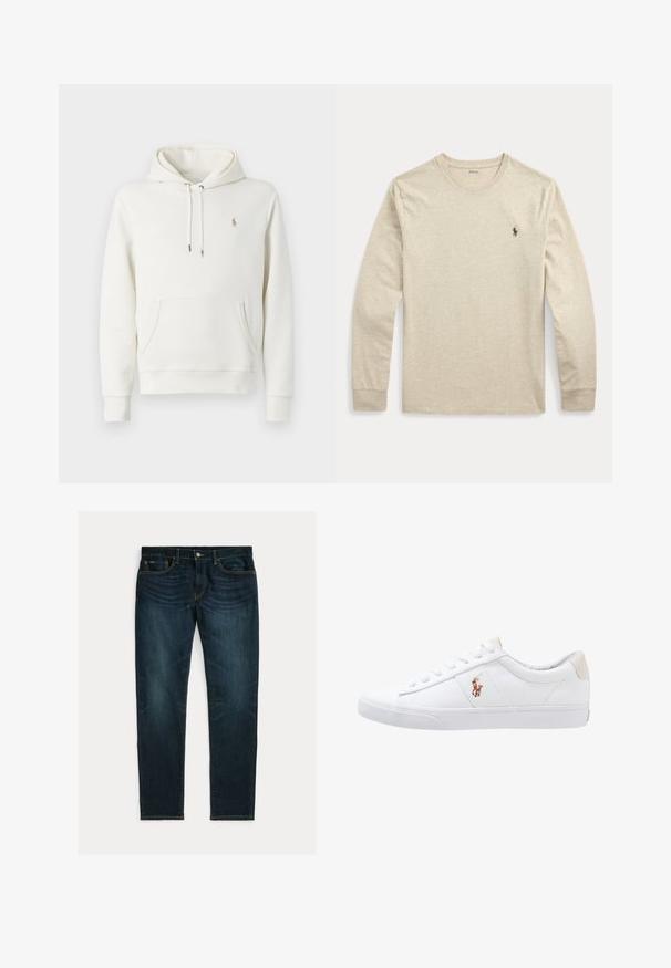 Sudadera blanca de algodón con un bolsillo tipo canguro, capucha ajustable con cordón, puños acanalados y un pequeño logo bordado en el pecho.; Camiseta beige de manga larga y cuello redondo con un pequeño logo bordado de la marca Polo en el pecho izquierdo.; Vaqueros ajustados de color azul oscuro con ligero desgaste y diseño de cinco bolsillos, colocados planos sobre un fondo blanco.; Zapatilla de lona blanca con diseño de corte bajo, que cuenta con un taco trasero beige y un pequeño logo bordado en el costado. Suela de goma.