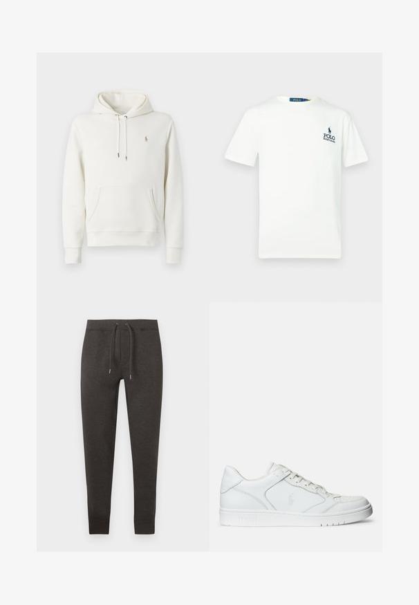 Weißer Baumwollhoodie mit Kängurutasche, verstellbarem Kordelzug, gerippten Bündchen und kleinem gesticktem Logo auf der Brust.; Weißes Baumwoll-T-Shirt mit Rundhalsausschnitt, kurzen Ärmeln und einem blauen "POLO Ralph Lauren"-Logo auf der linken Brust.; Dunkelgraue Jogginghose aus weichem Material, ausgestattet mit einem elastischen Bund mit Kordelzug, zulaufenden Beinen und Bündchen am Knöchel.; Weißer Ledersneaker mit glatter Textur, ausgestattet mit einer perforierten Zehenpartie, Schnürverschluss und gesticktem Logo an der Seite. Weiße Gummisohle.