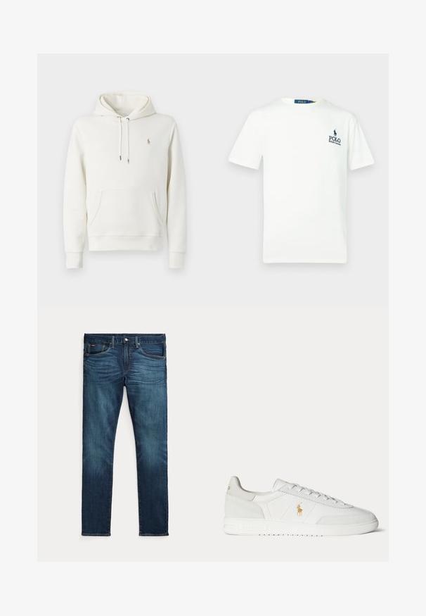 Witte katoenen hoodie met een kangoeroezak, verstelbare trekkoordcapuchon, geribbelde manchetten en een klein geborduurd logo op de borst.; Witte katoenen t-shirt met een ronde hals, korte mouwen en een blauw "POLO Ralph Lauren" logo op de linkerkant van de borst.; Donkerblauwe slim-fit jeans met vooraan een knoop en ritssluiting, vijf zakken en subtiel vervagen op de voorkant van de dijen en knieën.; Witte lage sneaker met vetersluiting, gouden Polo Ralph Lauren-logo aan de zijkant en een gestructureerde zool op een effen achtergrond.