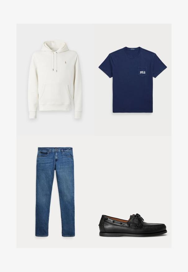 Sudadera blanca de algodón con un bolsillo tipo canguro, capucha ajustable con cordón, puños acanalados y un pequeño logo bordado en el pecho.; Camiseta de algodón azul marino con cuello redondo, mangas cortas, un bolsillo en el pecho y texto blanco "POLO" impreso en el bolsillo.; Jeans de mezclilla azul con un corte ajustado, que cuentan con bolsillos delanteros, trabillas para cinturón y un cierre de botón sobre un fondo blanco.; Mocasín negro de cuero con detalle de cordones y suela baja de goma, visto de lado sobre un fondo claro y liso.