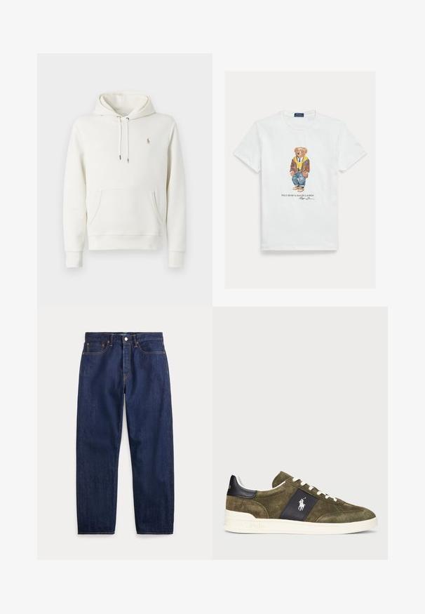 Hvid bomulds-hoodie med kengurulomme, justerbar snoretræk-hætte, ribbede manchetter og et lille broderet logo på brystet.; Hvid bomuld T-shirt med grafik af en klædt tegneserie-bjørn. Bemærkelsesværdige detaljer inkluderer en brun jakke, gul hættetrøje og blå jeans.; Mørkeblå denimjeans med lige ben, fem lommer, knaplukning og synlige syninger.; Olivengrøn ruskindssneakers med et marineblåt accentpanel, hvide snørebånd og et logo. Har en struktureret overflade og en hvid gummisål.