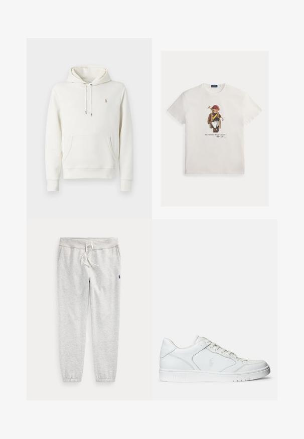 Weißer Baumwollhoodie mit Kängurutasche, verstellbarem Kordelzug, gerippten Bündchen und kleinem gesticktem Logo auf der Brust.; Weißes Baumwoll-T-Shirt mit einer Grafik eines Bären, der eine braune karierte Jacke, blaue Hose und einen roten Schutzhelm trägt und ein Werkzeug hält.; Hellgraue Jogginghose mit elastischen Bündchen, Kordelzugbund, Seitentaschen und kleinem dunklem Logo am oberen linken Oberschenkel.; Weißer Ledersneaker mit glatter Textur, ausgestattet mit einer perforierten Zehenpartie, Schnürverschluss und gesticktem Logo an der Seite. Weiße Gummisohle.