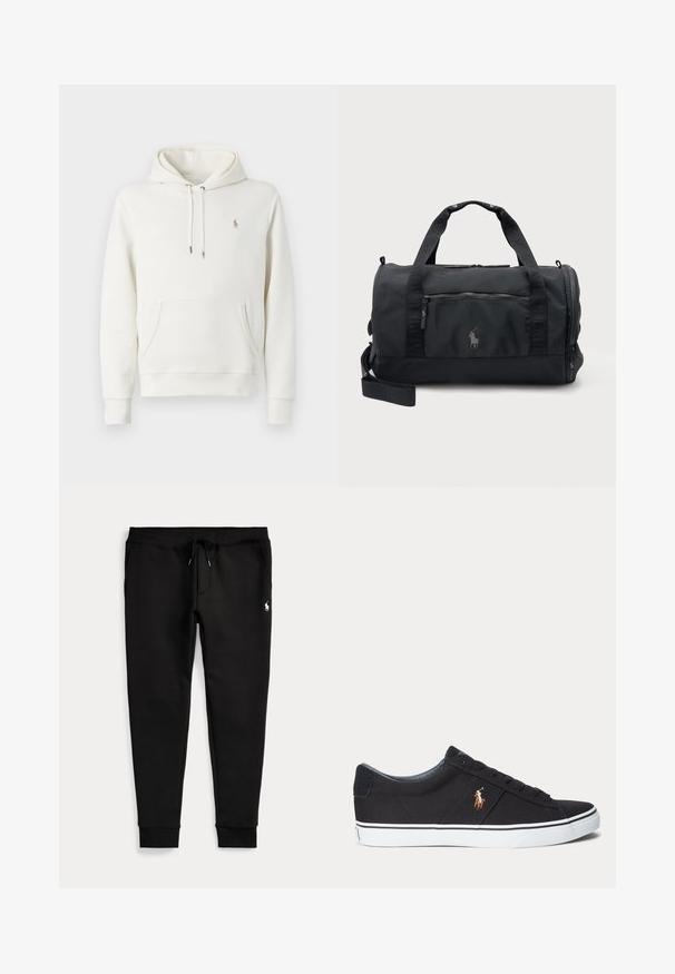 Weißer Baumwollhoodie mit Kängurutasche, verstellbarem Kordelzug, gerippten Bündchen und kleinem gesticktem Logo auf der Brust.; Schwarze Jogginghose mit umgeschlagenen Bündchen, Tunnelzug in der Taille, Seitentaschen und kleinem weißen Polo-Spieler-Logo am rechten Oberschenkel.; Schwarzer Sneaker mit niedrigem Schaft, weißer Sohle und gesticktem Polospieler-Logo an der Seite, mit Schnürverschluss und strukturiertem Stoff-Obermaterial.; Schwarze zylindrische Sporttasche mit doppelten Griffen, Reißverschlusstasche vorne, Schultergurt und Polo-Logo in der Mitte.