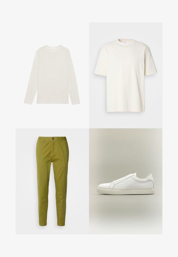 Creme langærmet t-shirt lavet af blødt strikket stof. Har en rund halsudskæring og en afslappet pasform uden synlige mønstre eller accenter.; Lys off-white kortærmet T-shirt med rund hals, unisex design, præsenteret på en neutral grå baggrund.; Olivengrønne, slim-fit bukser lavet af bomuld med en glat tekstur. Har en knaplukning, bæltestropper og sidelommer.; Hvid lavtop sneaker med snørebånd foran og tyk sål, vist fra siden mod en neutral baggrund.
