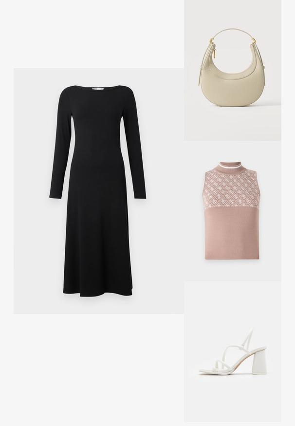 Varrenless knit top vaaleanbeigessä, jossa on teksturoitu, kuvioitu yläosa ja räätälöity korkeakaulus. Alhaalla on sileä, yhtenäinen osa.; Musta pitkähihaisella mekolla, jossa on tiukka yläosa ja levinnyt alaosa, ribbitekstuuri ja veneenmuotoinen kaula-aukko.; Valkoiset korkokengät, joissa on hoikat hihnat, neliömäinen kärki ja paksu blockipohja, sileällä pinnalla ja minimalistisella muotoilulla.; Kermanvärinen, teksturoitu nahkainen sirppi-laukku, jossa lyhyt kahva, kullanvärinen vetoketjuvedin ja hienovaraisesti kohokuvioitu merkin nimi alaosassa keskellä.