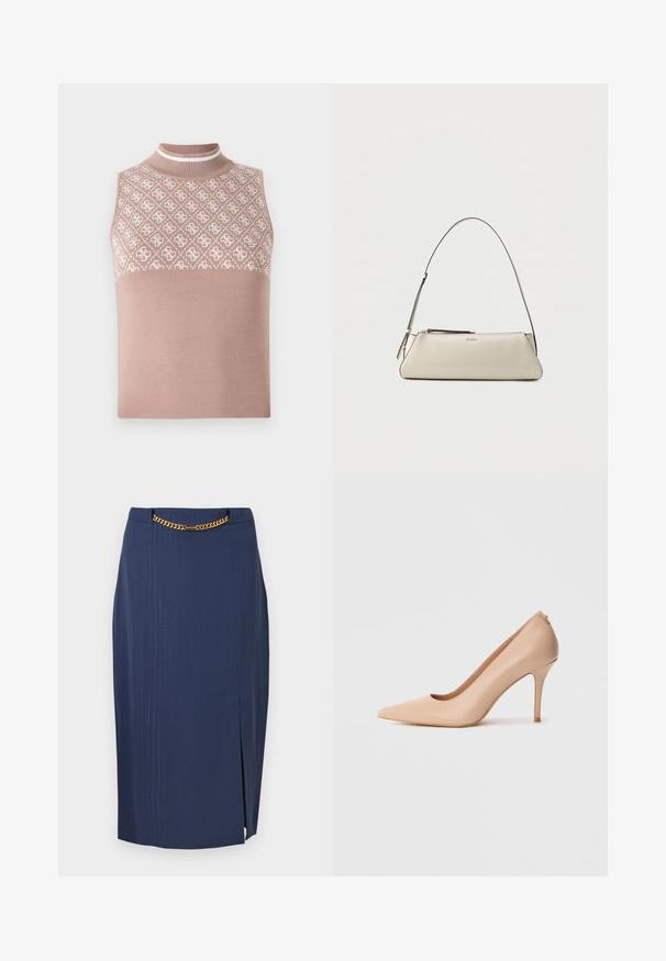 Top sin mangas de punto en beige claro con una sección superior texturizada y con patrón, y un cuello alto ajustado. Presenta una parte inferior lisa y sólida.; Falda lápiz azul marino con rayas verticales, que presenta un detalle de cadena dorada en la cintura y una abertura en el lado derecho para mayor detalle.; Zapato de tacón alto de cuero beige con punta puntiaguda, textura suave y tacón de aguja delgado. Diseño minimalista con estilo sin cordones.; Pequeño bolso de hombro de cuero beige con una correa fina y cierre de cremallera, con un logo metálico discreto en el centro del frente.