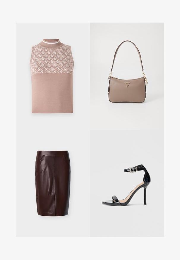 Top sin mangas de punto en beige claro con una sección superior texturizada y con patrón, y un cuello alto ajustado. Presenta una parte inferior lisa y sólida.; Falda lápiz de cuero marrón con una textura suave, que cuenta con dos bolsillos laterales y detalles de costura frontal, diseñada para un ajuste ceñido.; Sandalia de tacón alto en piel sintética negra con correa en el tobillo. Presenta un diseño minimalista, punta abierta y una hebilla con detalles de pedrería.; Bolso de mano sintético marrón con forma curva, que presenta un logo triangular dorado, acentos de hardware dorado y una correa para el hombro delgada.