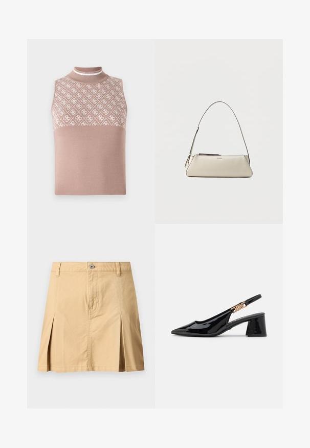 Top sin mangas de punto en beige claro con una sección superior texturizada y con patrón, y un cuello alto ajustado. Presenta una parte inferior lisa y sólida.; Falda beige hasta la rodilla con trabillas para cinturón, cierre con botones frontales, dos pliegues delanteros y costuras visibles sobre fondo liso.; Zapatos de charol negro con tacón de pala y puntera afilada, con detalles en tono dorado en la correa, que presentan un tacón cuadrado. Textura suave.; Pequeño bolso de hombro de cuero beige con una correa fina y cierre de cremallera, con un logo metálico discreto en el centro del frente.