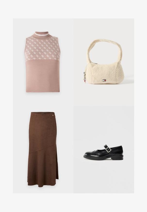 Ærmeløs striktop i lys beige med en tekstureret, mønstret øverste del og en tætsiddende mock neck. Har en glat, ensfarvet nederste del.; Brun ruskinds-midi-nederdel med en let A-form, med et sideslids og en lille guldfarvet G-detalje ved taljen. Glat tekstur.; Sort læder Mary Jane-sko med en lav blokhæl, rund tå, dekorativ brogue-detaljering og en justerbar rem med metalspænde.; Kremfarvet håndtaske lavet af blødt, tekstureret materiale med en buet rem, rund form, lynlåslukning og en accent med mærkelogo.