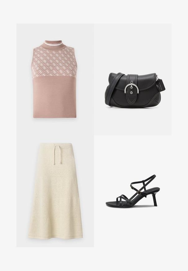Top en maille sans manches de couleur beige clair avec une section supérieure texturée et à motifs, et un col montant ajusté. Présente une partie inférieure lisse et unie.; Jupe en tricot crème à longueur genou avec une texture douce, une taille élastique à cordon et une silhouette évasée. Design minimaliste sans motifs ni ornements.; Sandale noire en cuir à brides avec deux boucles dorées et un talon stiletto de hauteur moyenne sur fond blanc.; COACH GLOVETANNED SOHO - Sac à main - black