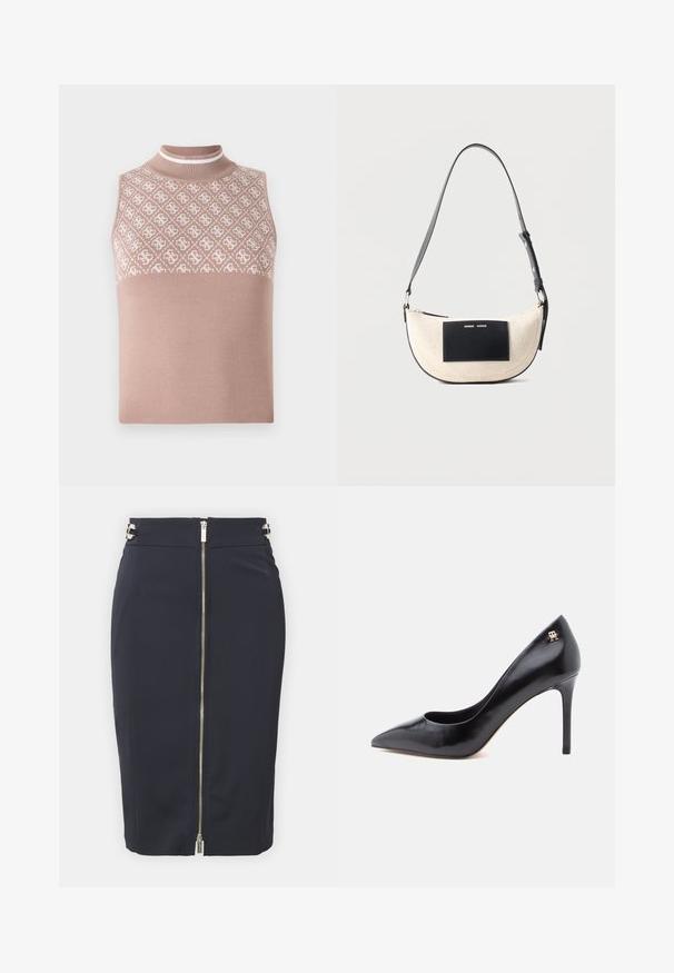 Varrenless knit top vaaleanbeigessä, jossa on teksturoitu, kuvioitu yläosa ja räätälöity korkeakaulus. Alhaalla on sileä, yhtenäinen osa.; Tummansininen kynähame valmistettu sileästä kankaasta, jossa on etuvetoketju, metalliset yksityiskohdat vyötäröllä ja kapea, vartalonmyötäinen siluetti.; Musta nahkainen korkeakorkoinen avokärkinen avokärkinen korkokenkä, jossa on leikkauskuviointi ja pieni kultainen logo kannassa.; Beigenvärinen puolikuun muotoinen olkalaukku, jossa säädettävä musta hihna ja musta suorakulmainen merkki etupuolella, jossa pieni valkoinen teksti.