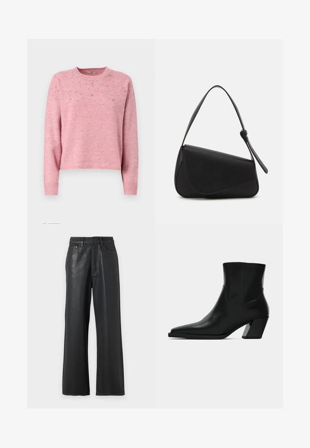JDY JDYNAMI LIFE SPARKLE - Pullover - lilas; Pantalons larges noirs fabriqués dans un matériau brillant. Présentent une fermeture à bouton, des passants de ceinture et des poches avant avec une texture lisse.; Bottine en cuir noir avec un bout pointu, une silhouette élégante et un talon carré massif. Texture lisse avec des détails de couture minimalistes.; Sac à main en cuir noir de forme triangulaire, avec un rabat incliné et une poignée supérieure arrondie. Il présente une texture lisse et des détails de design minimalistes.