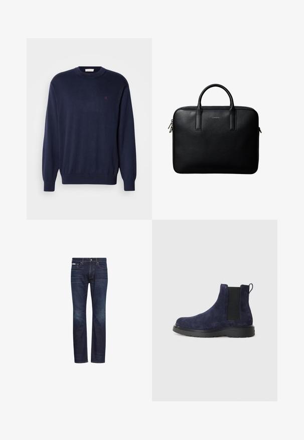 Marineblauer Pullover aus weichem Stoff, mit Rundhalsausschnitt, gerippten Bündchen und Saum. Kleines gesticktes Logo auf der Brust. Klassische Passform.; Dunkelblaue Jeans aus Denim mit geradem Bein, leichtem Used-Look, fünf Taschen und klassischem Knopfverschluss an der Taille.; Marineblauer Wildleder Chelsea-Stiefel mit elastischen Seitenteilen und einer Zuglasche. Schwarze Gummisohle mit strukturierter Oberfläche für Grip und Langlebigkeit.; Schwarze strukturierte Lederaktentasche mit zwei Griffen und silbernen Reißverschlussanhängern, zentriert auf weißem Hintergrund.