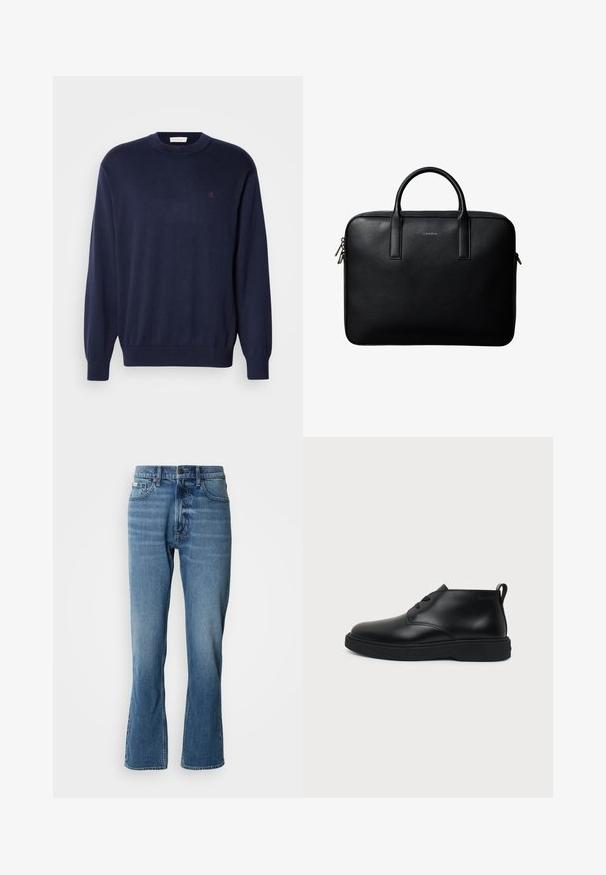 Donkerblauwe trui van zachte stof, met een ronde hals, geribbelde manchetten en zoom. Klein geborduurd logo op de borst. Klassieke pasvorm.; Lichtblauwe denim jeans met een rechte snit en een lichte flare. Beschikt over vijf zakken, een knoopsluiting en subtiele wassingdetails.; Zwarte leren enkelhoge veterschoen met dikke rubberen zool en trekhaak bij de hiel, getoond in zijprofiel op een effen achtergrond.; Zwarte gestructureerde leren aktetas met dubbele handvatten en zilveren ritstrekkers, gecentreerd op een witte achtergrond.