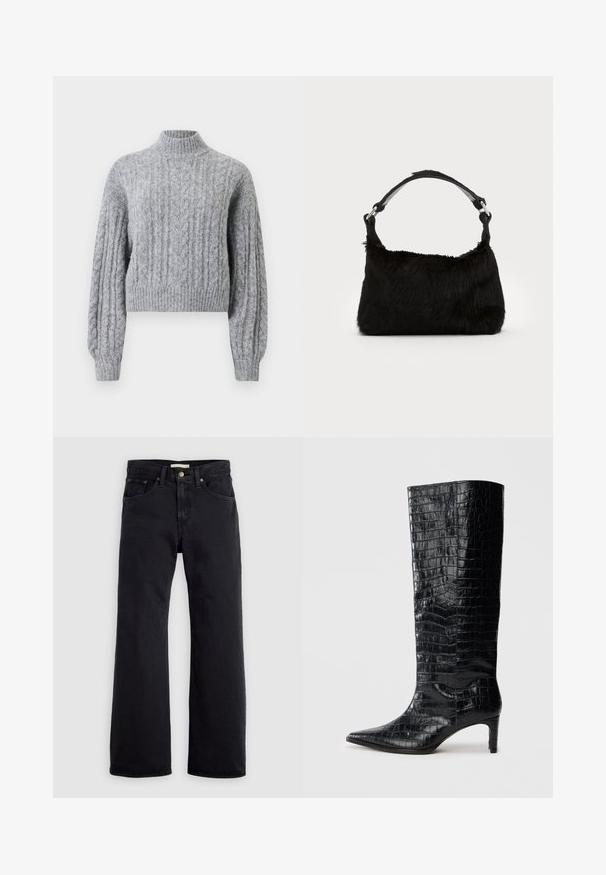 Pull en laine gris clair à mailles torsadées avec col montant, longues manches puffées, et bords côtelés au niveau des poignets et de l'ourlet.; Jean noir taille haute à coupe droite, fermeture par bouton et zipper à l’avant, design à cinq poches sur fond clair uni.; Bottes noires montantes, avec une texture brillante à motif crocodile, bout pointu et talon effilé. Matériau synthétique lisse.; Sac à main en fausse fourrure noire avec une texture douce, une forme arrondie et une bandoulière en cuir noir robuste. Accent en métal argenté visible.