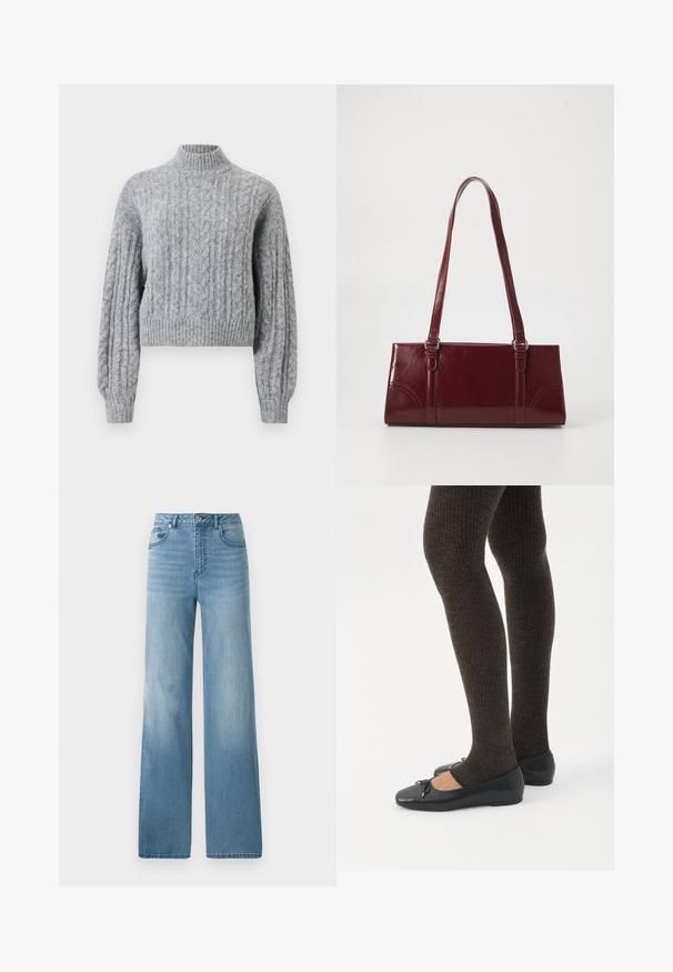 Pull en laine gris clair à mailles torsadées avec col montant, longues manches puffées, et bords côtelés au niveau des poignets et de l'ourlet.; Jean taille haute bleu clair avec une coupe droite. Fabriqué en denim, avec cinq poches et une fermeture à bouton.; Jambes portant des leggings côtelés foncés associés à des ballerines noires avec de petits détails en nœud sur fond blanc.; Sac à main bordeaux en matériau brillant, de forme rectangulaire, avec deux anses et des accents légèrement courbés à l'avant.