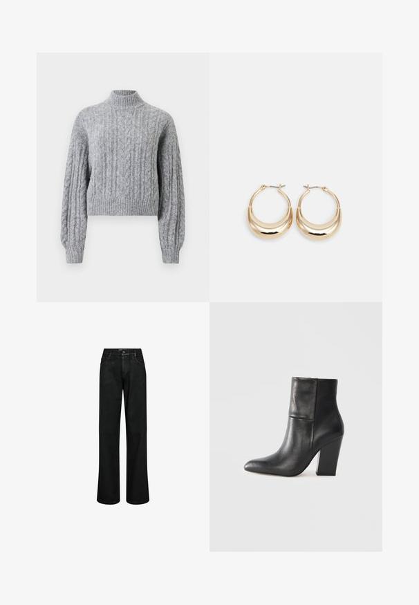 Suéter de lana gris claro de punto trenzado, con cuello alto, mangas largas abullonadas y puños y dobladillo acanalados.; Vaqueros negros de pierna ancha hechos de denim, con cremallera y cierre de botón, cinco bolsillos y una textura suave.; Botín negro de cuero con puntera puntiaguda y tacón grueso de bloque sobre un fondo liso gris claro.; Pendientes de aro en tono dorado con forma de media luna, superficie pulida y cierre tipo bisagra. La textura suave y el acabado reflectante mejoran la visibilidad.