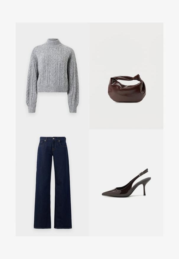 Suéter de lana gris claro de punto trenzado, con cuello alto, mangas largas abullonadas y puños y dobladillo acanalados.; Jeans de pierna ancha en denim azul oscuro, con diseño estándar de cinco bolsillos, costuras de cobre y cierre de botón en la cintura.; Zapato de tacón alto tipo slingback en piel sintética brillante de color marrón oscuro, con punta afilada, laterales abiertos y correa ajustable en el tobillo.; Bolso de hombro de cuero marrón oscuro con una forma suave y caída, y un asa con nudo torcido sobre un fondo blanco liso.