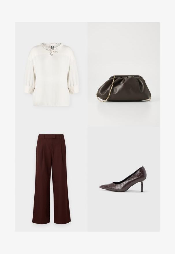 Blouse blanche à manches longues avec poignets élastiques et encolure froncée avec un cordon noué à embouts métalliques.; Pantalon à jambes larges et taille haute de couleur marron foncé, avec passants de ceinture et plis sur le devant, présenté sur un fond blanc uni.; Escarpins à bout pointu en similicuir marron avec une texture crocodile, dotés d’un talon fin et angulaire ainsi que d’une doublure intérieure lisse.; Sac à main en cuir marron avec un design froncé, une bandoulière en chaîne dorée et une finition douce et texturée. Sa forme compacte est idéale pour une utilisation en soirée.