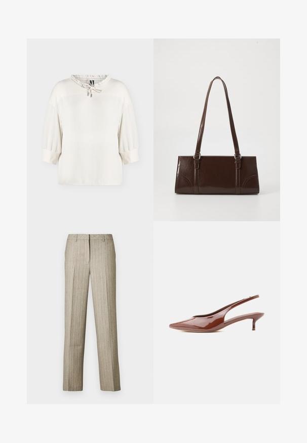 Blouse blanche à manches longues avec poignets élastiques et encolure froncée avec un cordon noué à embouts métalliques.; Pantalon beige à fines rayures avec une coupe droite, doté d'une ceinture structurée et d'une texture subtile sur l'ensemble du tissu.; Escarpin slingback brun brillant à talon kitten pointu avec bout pointu et talon bas et fin sur fond blanc.; Sac à main en cuir verni marron de forme rectangulaire, avec deux longues poignées et des accents courbés subtils à l'avant.