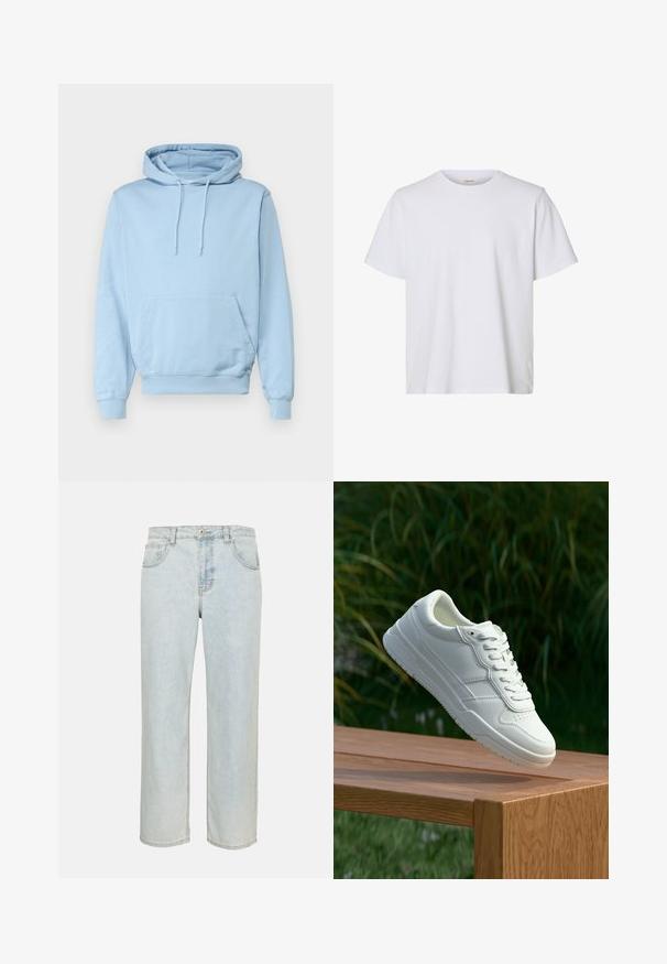 Hellblaue Kapuzenpullover aus weichem Stoff, mit frontaler Kängurutasche und Kordelzugkapuze. Rippbündchen und Saum.; Schlichtes weißes T-Shirt mit kurzen Ärmeln, Rundhalsausschnitt, regulärer Passform und glatter Stoffstruktur, auf weißem Hintergrund dargestellt.; Hellblaue Jeans mit geradem Bein, Fronttaschen, Gürtelschlaufen und Knopfverschluss auf einfarbigem Hintergrund.; Weiße Ledersneaker mit glatter Oberfläche, ausgestattet mit einem perforierten Design, klassischer Schnürung und Gummisohle, positioniert auf einer Holzoberfläche.