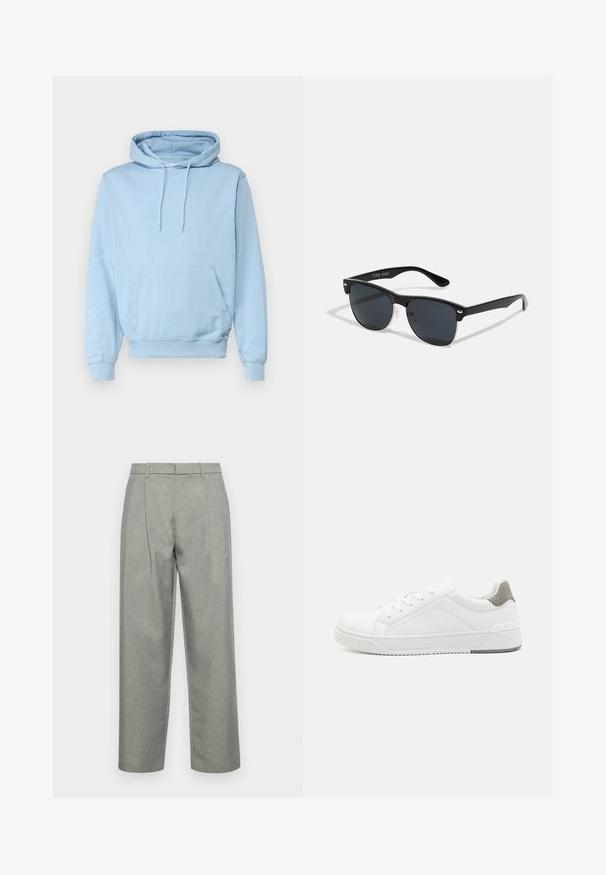 Hellblaue Kapuzenpullover aus weichem Stoff, mit frontaler Kängurutasche und Kordelzugkapuze. Rippbündchen und Saum.; Graue maßgeschneiderte Hose aus strukturiertem Stoff mit geradem Bein, Bundfalten und einem Standardbund mit Gürtelschlaufen.; Weißer Sneaker aus glattem Leder, runde Zehenpartie, minimalistisches Design, graue Fersenkante und strukturierte Gummisohle.; Schwarze Sonnenbrille mit rechteckiger Form, dunklen Gläsern, silbernen Akzenten an den Bügeln und mattierter Oberfläche des Rahmens.