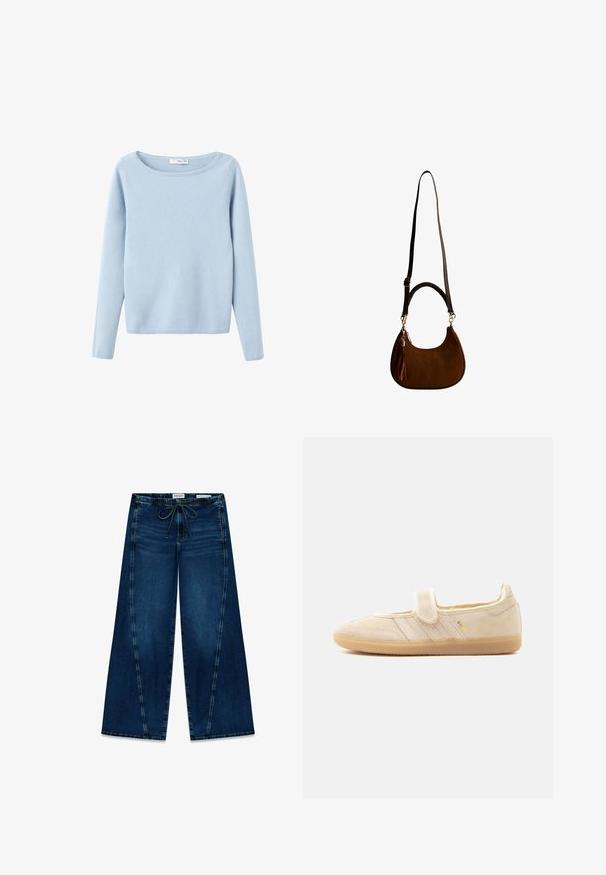 Suéter de punto de manga larga en azul claro, con un amplio escote redondo, estilo sencillo, y puños y dobladillo acanalados.; Jeans de pierna ancha de un azul oscuro con cintura elástica, que cuentan con una textura suave, costuras en contraste y un ajuste relajado.; Zapatilla Mary Jane de ante beige con tira de velcro, suela de goma, tres rayas cosidas y marca dorada "SAMBA" en el lateral.; Bolso de mano en forma de media luna, hecho de ante marrón, con correa larga desmontable, asa corta envuelta y un adorno de borla colgando a un lado.