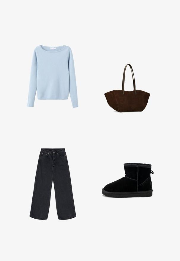Lichtblauw, lange mouwen, gebreide trui met een brede ronde halslijn, eenvoudig stijl, en ribgebreide manchetten en onderrand.; Zwarte jeans met wijde pijpen van denim, met een hoge taille, koperen klinknagels en een nette afwerking aan de zoom, wat zorgt voor een ontspannen silhouet.; Zwarte suède enkellaarsjes met een zachte voering, ronde neus en stevige rubberen zool. Kenmerken zijn gestikte naden en een lus aan de achterkant.; Donkerbruine suède draagtas met lange leren handvatten en brede, licht gebogen zijkanten op een witte achtergrond.