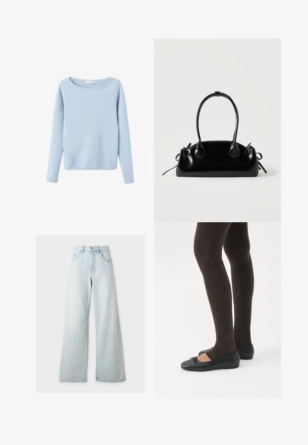 Lys blå langærmet strikket sweater med bred rund halsudskæring, enkelt design og ribbede manchetter og kant.; Lyseblå højhåndede vidde jeans med forreste knap og lynlås, forlommer og bæltestropper på hvid baggrund.; Ben iført mørke ribbede leggings kombineret med sorte balletsko med små sløjfedetaljer på hvid baggrund.; Lille sort blank håndtaske med to lange håndtag og snøre-detaljer i siden på en ensfarvet lys baggrund.