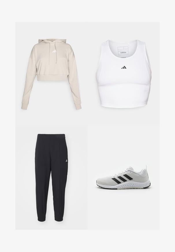 Lichtbeige cropped sweatshirt met een capuchon, voorzien van een wit driehoekig logo en witte zijstrepen. Gemaakt van zacht, textuurstof.; Witte sportieve crop top gemaakt van lichte, ademende stof. Beschikt over mesh zijkanten en een zwart geborduurd logo op de borst.; Zwarte sportbroek gemaakt van een gladde stof. Tapervormig ontwerp met elastische boorden. Voorzien van een klein wit logo op de linkerheup.; Witte sportschoen met zwarte strepen, bovenwerk van mesh, rubberen zool en gestructureerde accenten. Heeft een ronde neus en een gevoerde kraag.