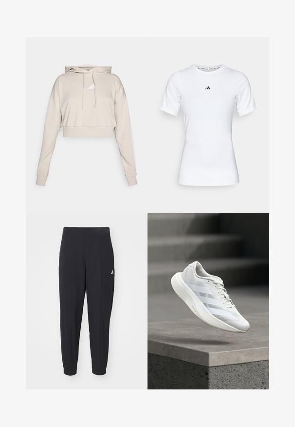 Lys beige cropped sweatshirt med hætte, med et hvidt trekantet logo og hvide side striber. Lavet af blødt, tekstureret stof.; Hvid atletisk skjorte med korte ærmer, lavet af glat, strækbart stof. Har et lille sort Adidas-logo på brystet.; Sorte træningsbukser lavet af et glat stof. Taperet design med elastiske manchetter. Har et lille hvidt logo på venstre hofte.; Hvid atletiksko med en struktureret overlæder, tre laterale striber, polstret sål og rundet tå, placeret over en betongulv.