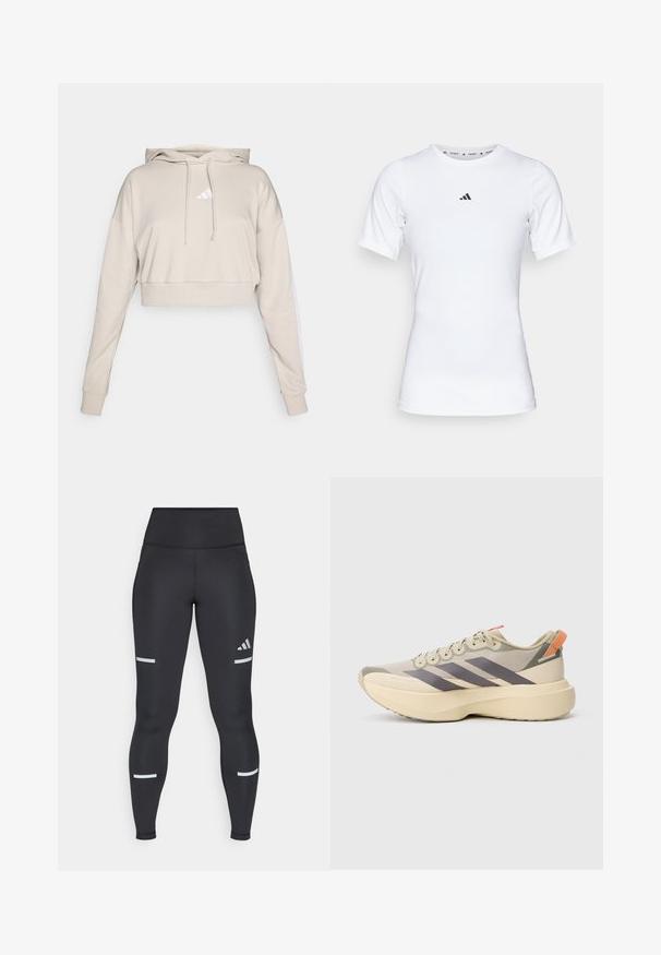 Hellbeige, kurz geschnittenes Sweatshirt mit Kapuze, das ein weißes, dreieckiges Logo und weiße Seitenstreifen aufweist. Hergestellt aus weichem, strukturiertem Stoff.; Weißes Sportshirt mit kurzen Ärmeln, aus glattem, dehnbarem Stoff. Mit kleinem schwarzem Adidas-Logo auf der Brust.; Schwarze Leggings mit einem hohen Bund, aus glattem Material. Verfügt über weiße reflektierende Streifen in der Nähe der Knie und ein Adidas-Logo.; Hellbeiger Sportschuh mit grauen Streifen, dicker cremefarbener Sohle, Schnürung vorne und orangefarbenem Zuglasche an der Ferse.