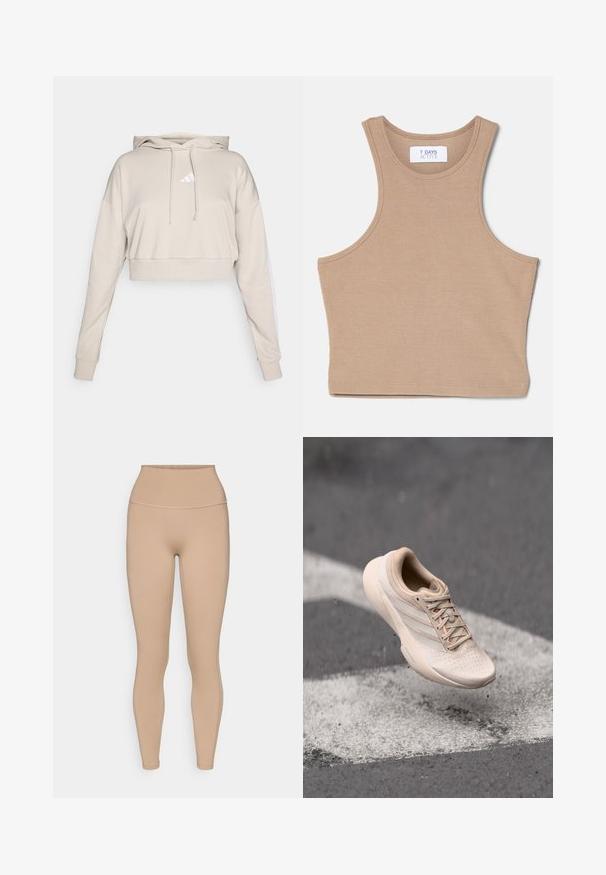 Sudadera cropped de color beige claro con capucha, que presenta un logo triangular blanco y franjas laterales blancas. Fabricada en un tejido suave y texturizado.; 7 DAYS Active CROPPED - Top - mountain trail; adidas Performance ALL ME SCULPT - Leggings - chalky brown; Zapatilla deportiva beige con parte superior texturizada, suela lisa y detalles rosados. Incluye perforaciones para ventilación y cordones planos.